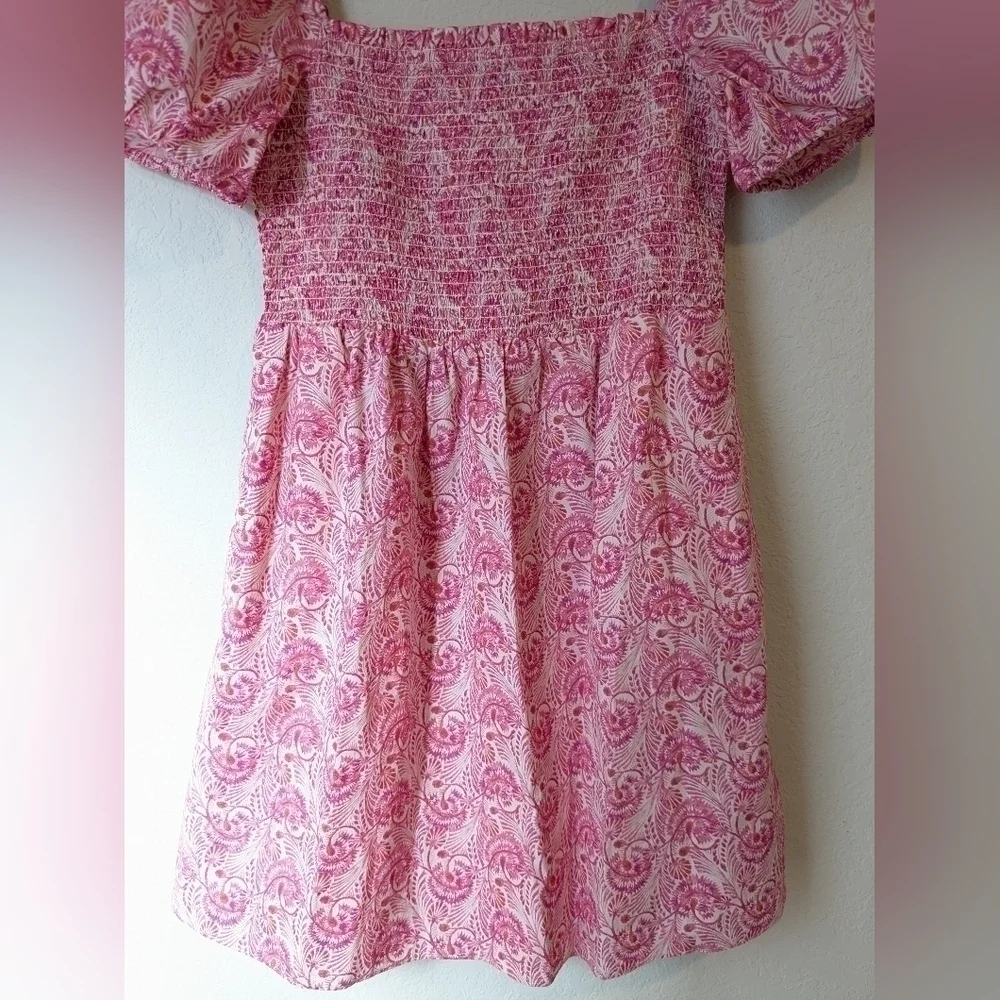 J. Crew Pink Floral Smocked Square Neckline Puff Sleeve Flowy Poplin Mini Dress